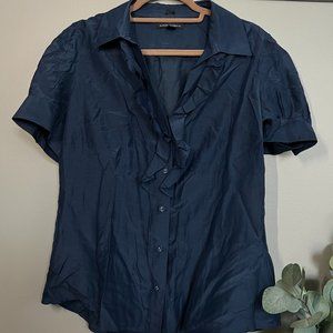 Banana Republic Navy Short-Sleeve Ruffle Collared Blouse